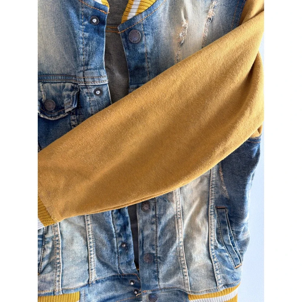 Evolution In Design Boys Varsity Denim Jacket Distressed Blue Yellow L 14-16